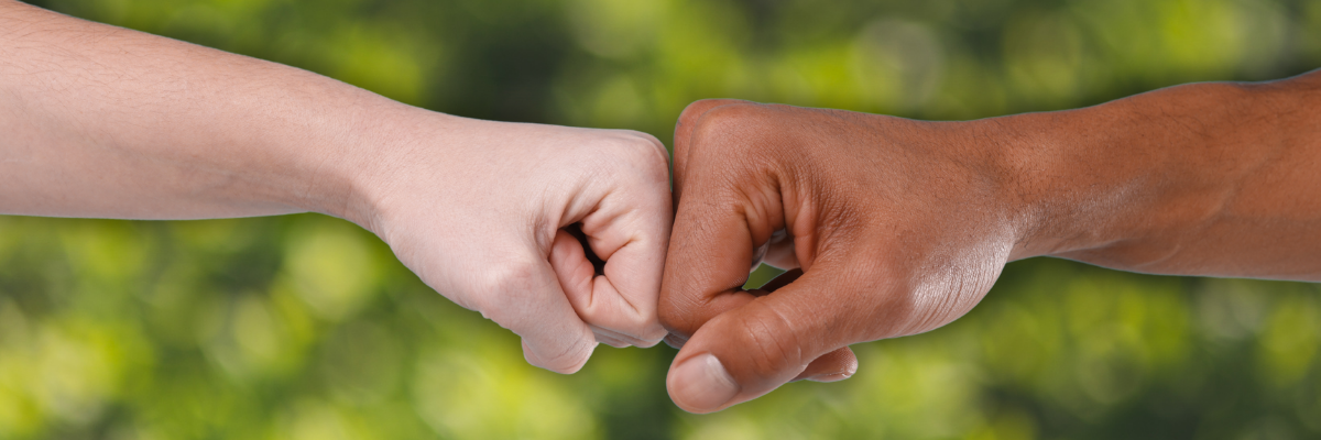Two hands of different nationalities fist bump over a light green background.