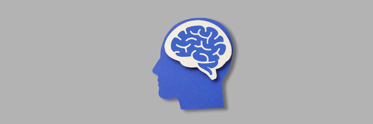 A gray background with a graphic image of a human head a visible brain.
