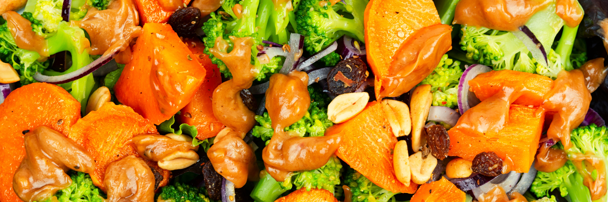 Roasted Veggie, Quinoa & Chickpea Salad + Roasted Garlic Tahini Dressing