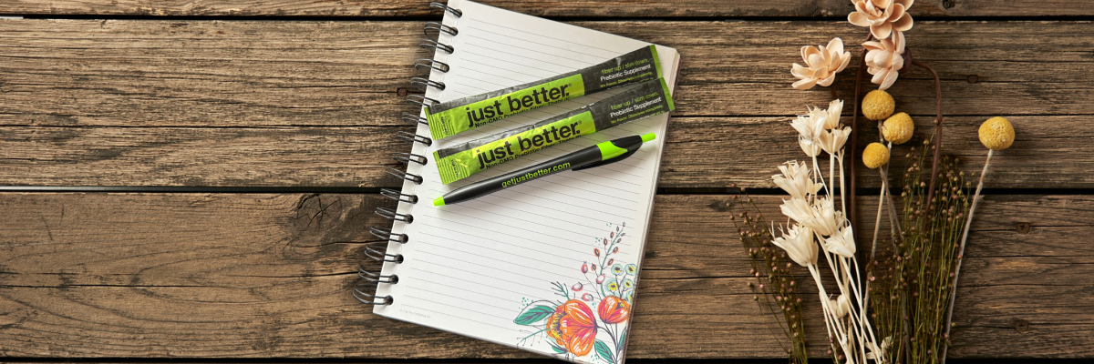 A notebook with two stick packs of just better fiber and a pen on a wooden surface with dried flowers nearby.