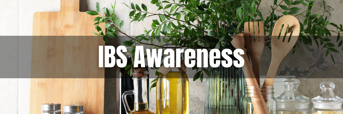 A bright kitchen scene in the background with text overlay that reads: IBS Awareness
