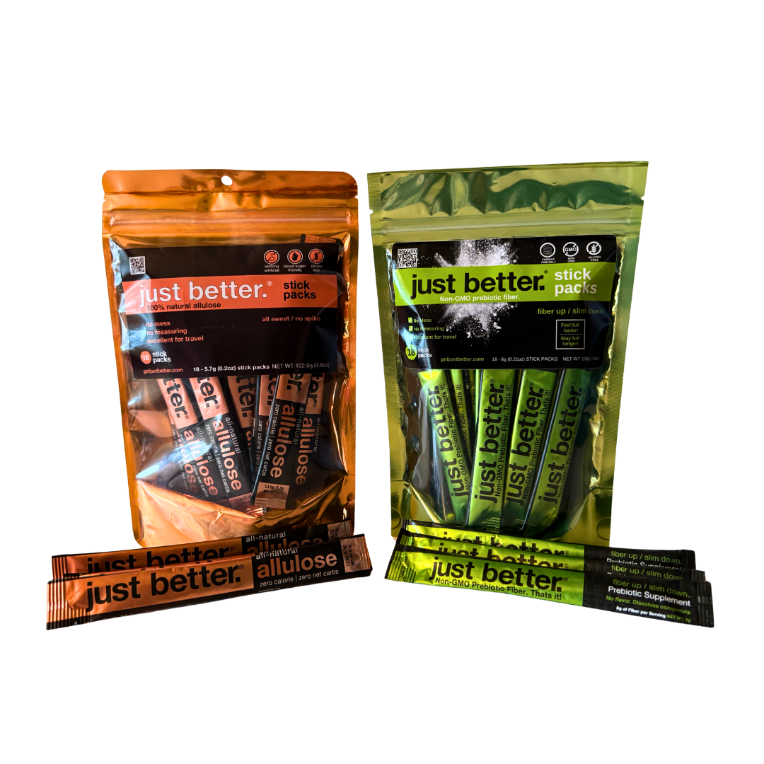 Two just better allulose stick packs in front of a just butter allulose stick pack pouch and three just better prebiotic fiber stick packs in front of a just better prebiotic fiber pouch