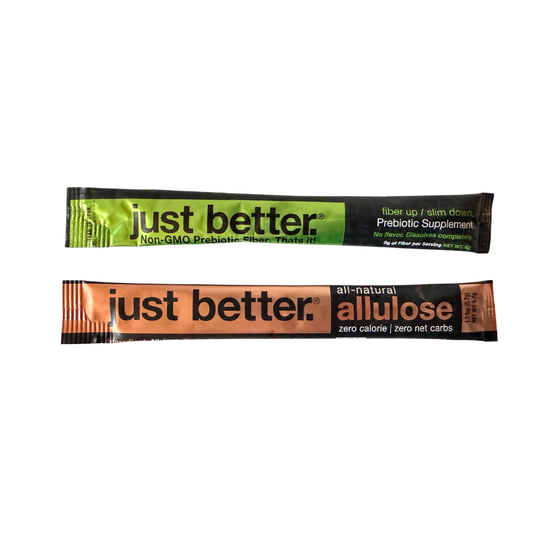 One just better prebiotic fiber stick pack and one just better alulose stick pack on a white background