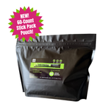 Black pouch with a label for 60 just better stick packs on a white background
