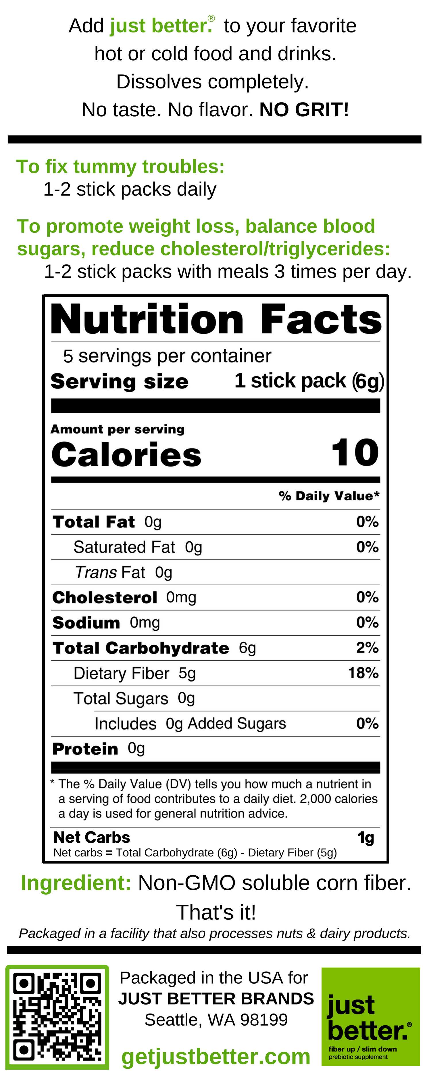 5-count Stick Pack Trial/Travel Size of just better.® prebiotic fiber